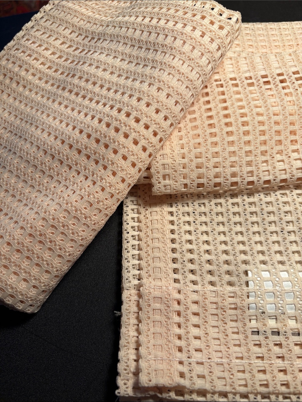 Vintage polyester Open Weave Crochet Fabric Panel in Light Beige. RR